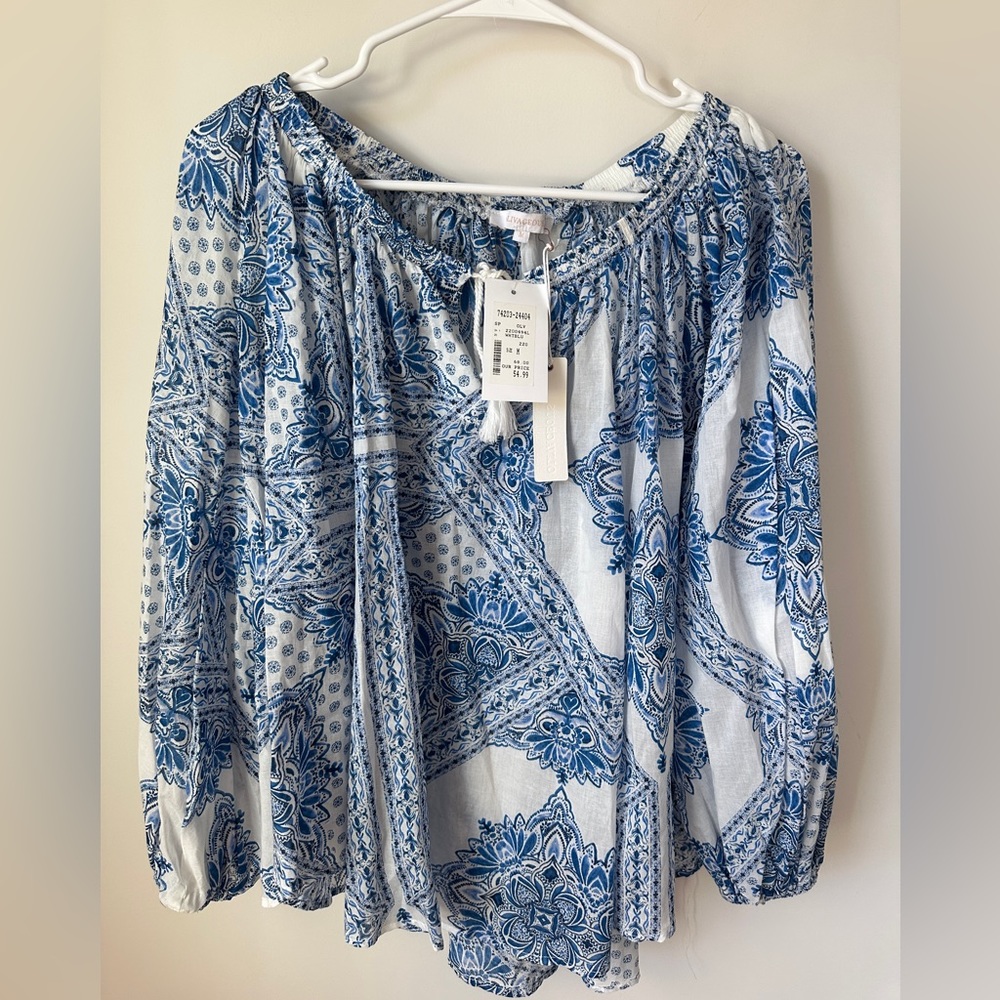 Olivaceous off shoulder top blue white Mediterranean print balloon sleeve M